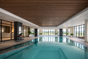 Een luxe binnenzwembad met een opvallend plafond van WoodUpp akoestische panelen. De donkere houten latten geven een warme, moderne uitstraling aan de ruimte. Het grote zwembad wordt omgeven door ramen met uitzicht, planten in potten en een toegangshelling.