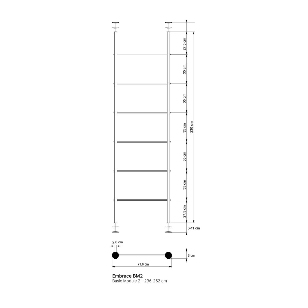 Schematische tekening van WoodUpp Embrace BM2 basic module: twee verticale buizen met meerdere horizontale steunstangen voor planken, verstelbare plafond- en vloerplaten, ronde voetjes; gedetailleerde afmetingen zichtbaar (hoogte 236–252 cm, tussenruimtes ca. 35 cm, breedte 71,6 cm, buis Ø 2,8 cm).