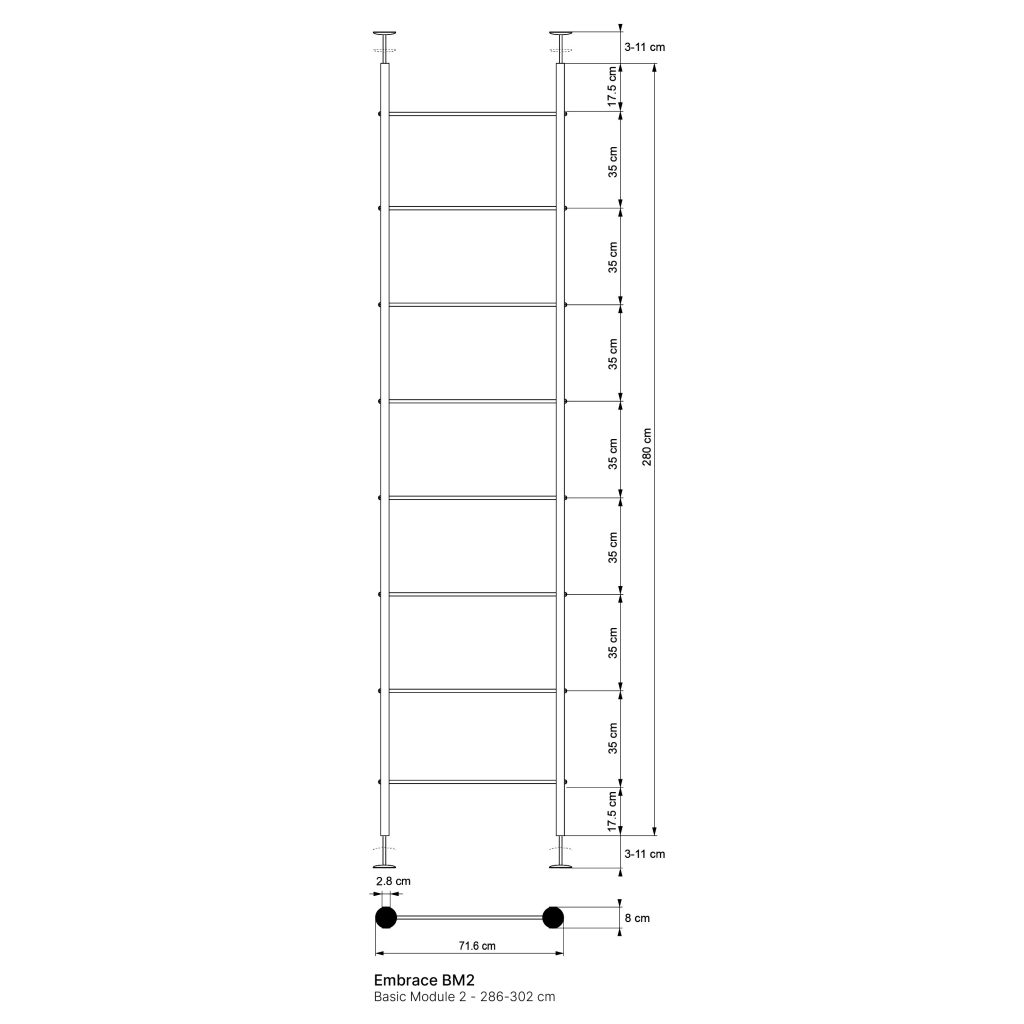 Technische zwart-wit tekening van WoodUpp Embrace BM2 Basic Module 2 (286–302 cm): twee verticale stangen met acht horizontale legplanken/latten in ladderachtige indeling, verstelbare top- en voetsteunen met ronde vloerplaten, gedetailleerde maatvoering weergegeven (totale hoogte, 35 cm tussenruimte, 71,6 cm breedte).